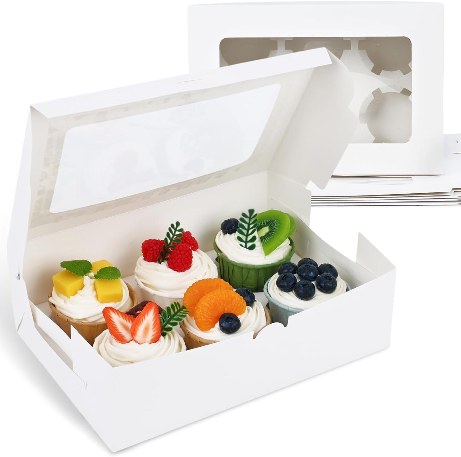 Tovotum 50Pcs Cupcake Boxes with Window & Insert 9x6x3 Inch Kraft Cupcake Container 6 Cavity Bakery Pastry Dessert Muffin Cookie Treat Boxes, Brown Cupcake Carrier Holders (6 Cavity-White)