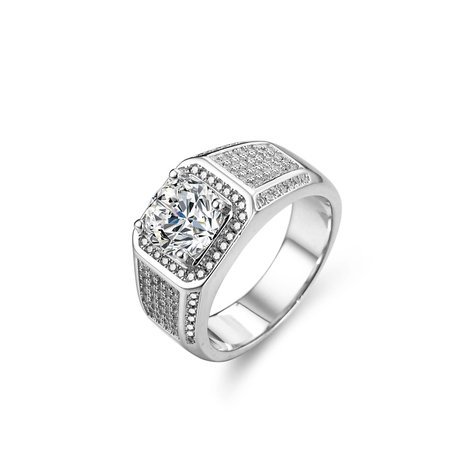 Anillo de compromiso para hombre, oro blanco de 9 quilates, 6 dientes, redondo con moissanita de 2 quilates, talla 65 (20,7)