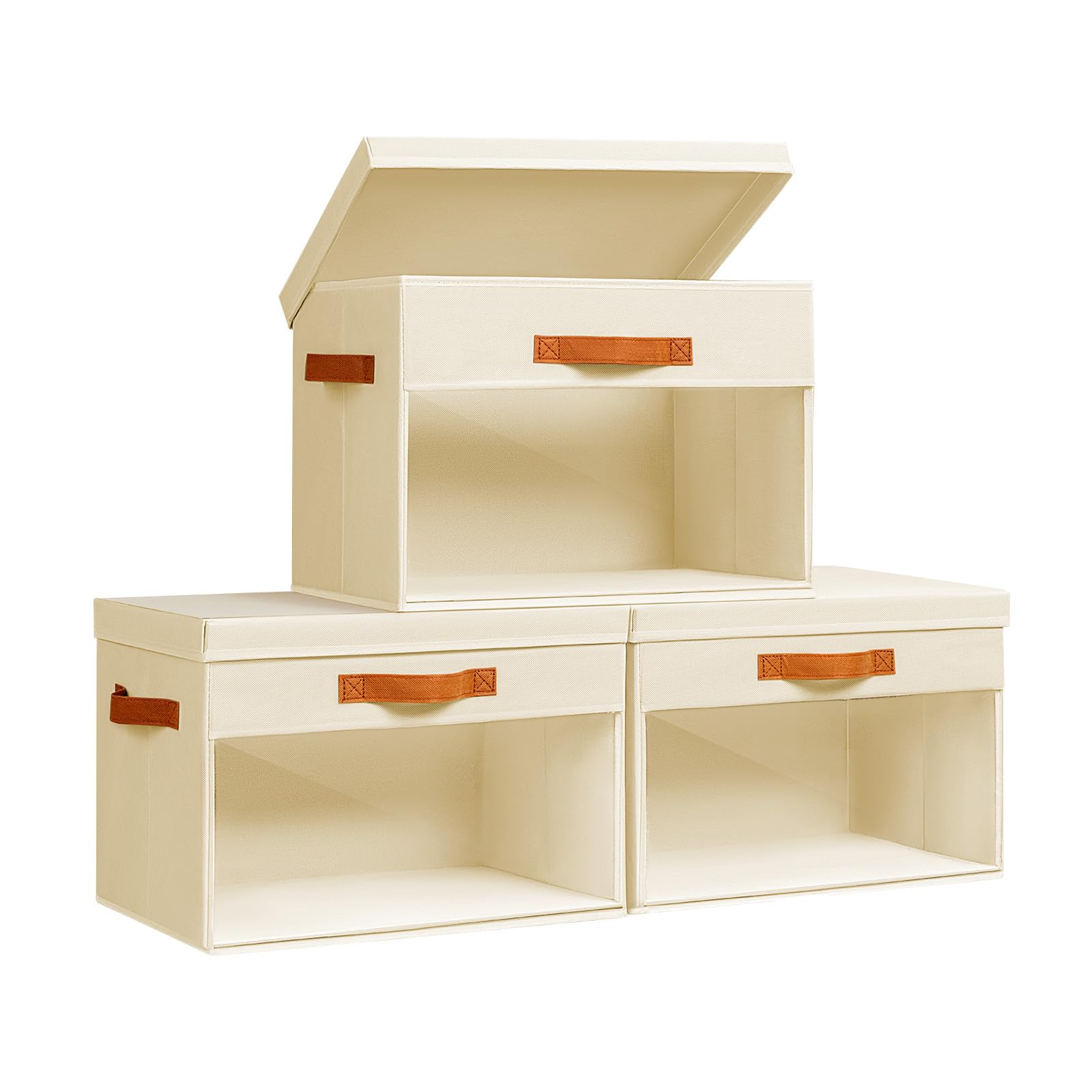 Homsorout Fabric Storage Boxes with Lids - 3 Pack Organiser Bins with Clear PVC Windows, Foldable Decorative Wardrobe Storage Baskets for Clothes, Blankets, Sheets, 35 x 25 x 25CM, Beige — image 1