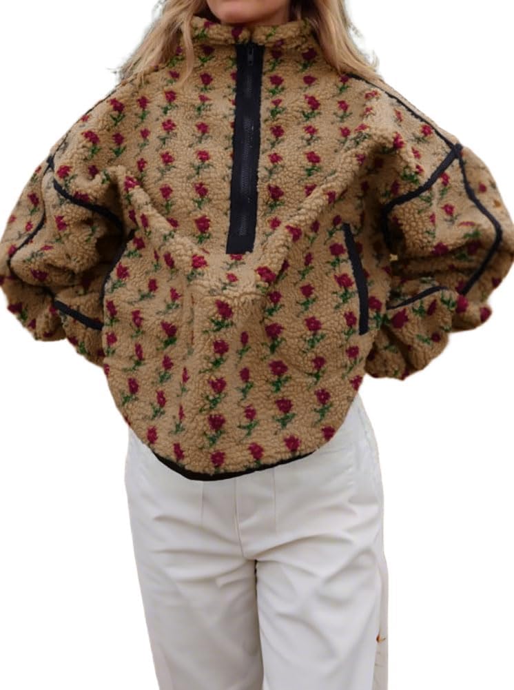 chouyatou Women's Fall Winter Warm Faux Fur Sweatshirt Cute Floral Zip Up Turtleneck Sherpa Jacket