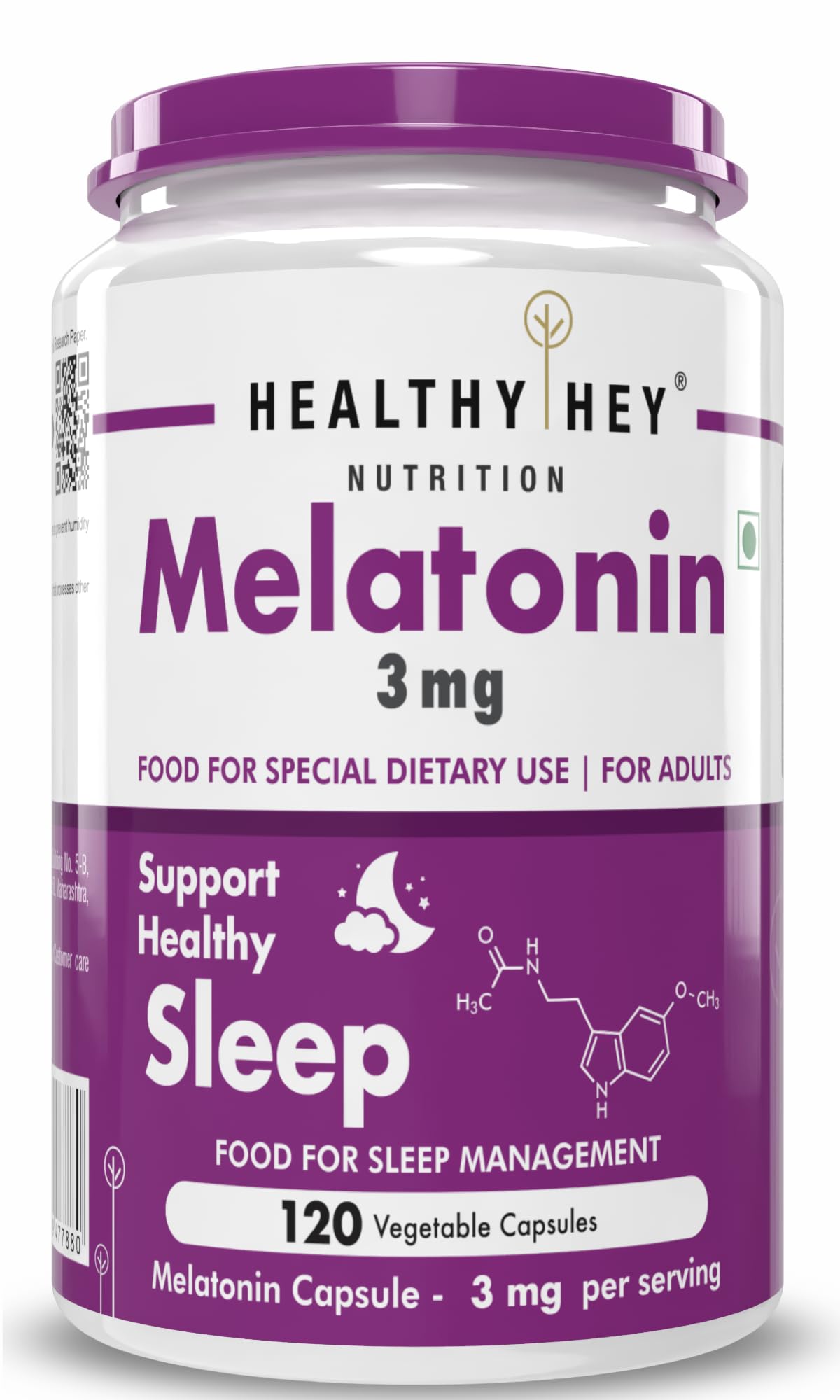 HealthyHey Nutrition Melatonin 3mg, Pack of 120 vegetable capsules - Promotes Sleep and Relaxation
