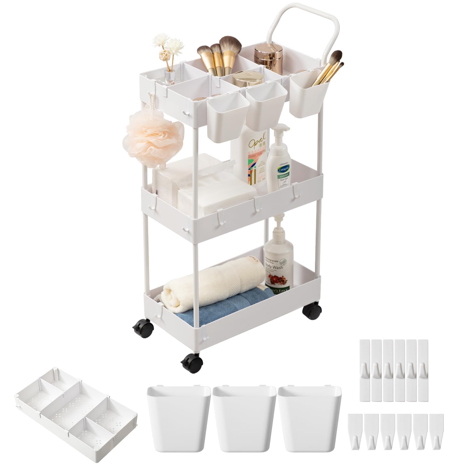 danpinera Storage Cart on Wheels, 3 Tier Slim Laundry with Wheels Bathroom Organizer with Hanging Cups Hooks Dividers Handle Mobile Rolling Art Cart for Bathroom Kitchen Narrow Places, White