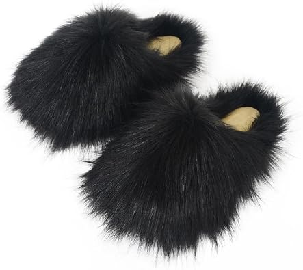 Womens Fluffy Faux Fur Slides Furry Soft Plush House Slippers Shoes Indoor Outdoor Slip On Slipper