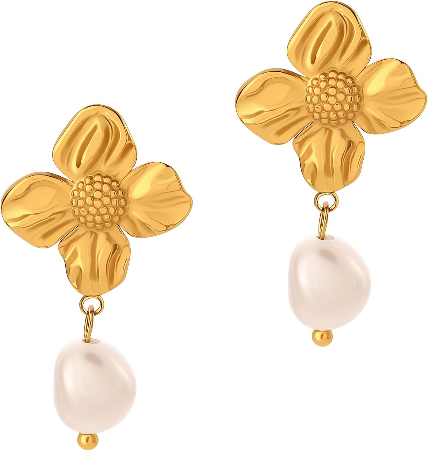 Vintage Pearl Drop Earrings for Women, 14K Gold Plated Flower Stud Earrings with Pearl Dangle, Elegant Lightweight Earrings for Daily Wear, Wedding & Gift