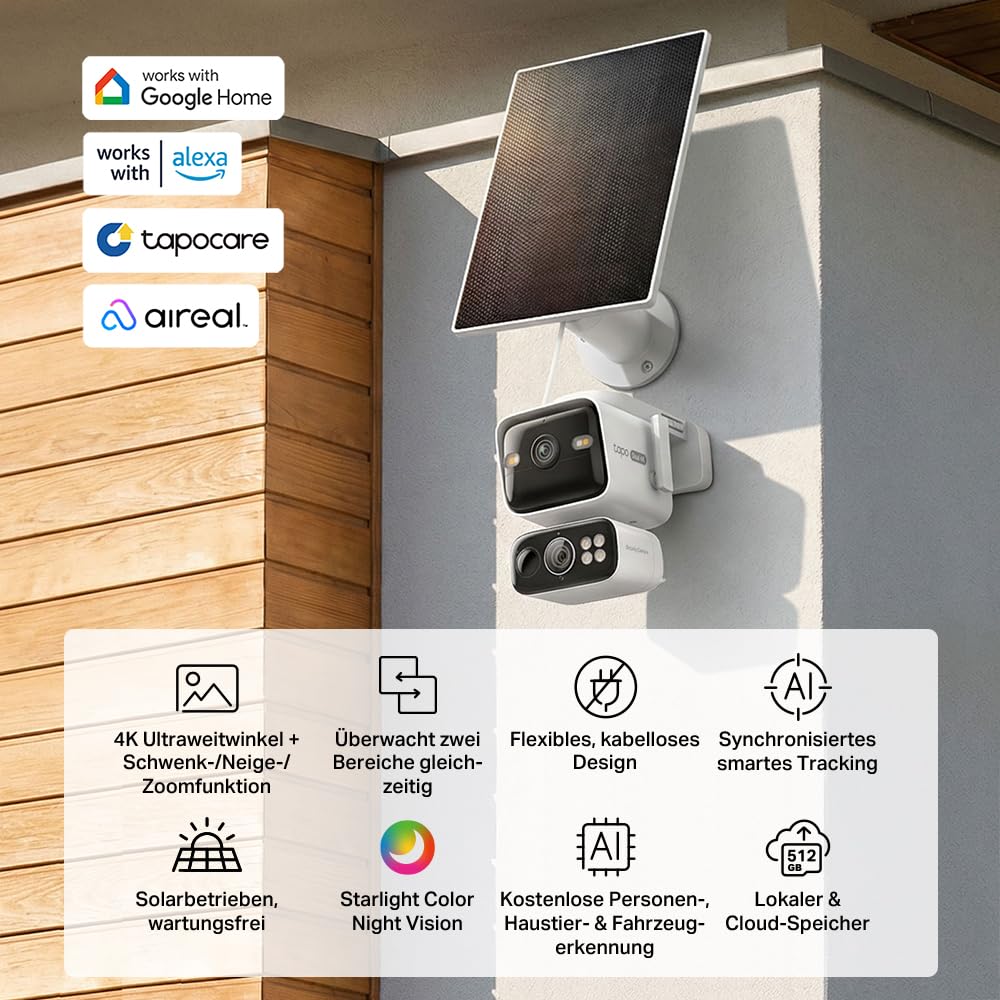 Tapo C675D KIT 4K Solar-Überwachungskamera Außen mit Akku, 169° Ultraweitwinkel & 6mm Teleobjektiv, Dualband-WLAN, KI-Erkennung, lokaler Speicher per microSD oder H500 Hub, 2026 Flaggschiff-Modell