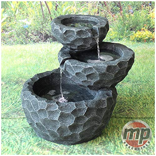 MP Essential Garden Outdoor Solar Powered 3 Layer Grey Stone Rocks Water Fountain