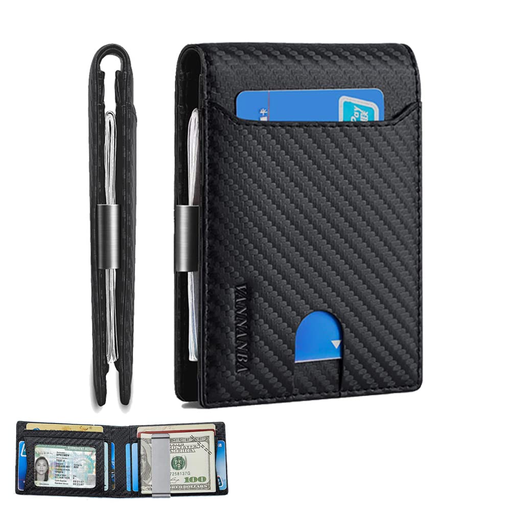 VANNANBA Minimalist Wallet for Men with Money Clip|ID Window|Large Capacity with 12 Card Slots|RFID Blocking,Carbon Fiber Front Pocket Credit Card Holder with Gift Box(Carbon Black)