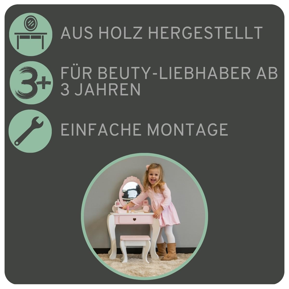 Bandits & Angels Kinderschminktisch Julia Weiß Rosa mit Spiegel für Mädchen ab 3 Jahren - Schminktisch aus Holz - Schminktisch inklusive Hocker - Für Kinder