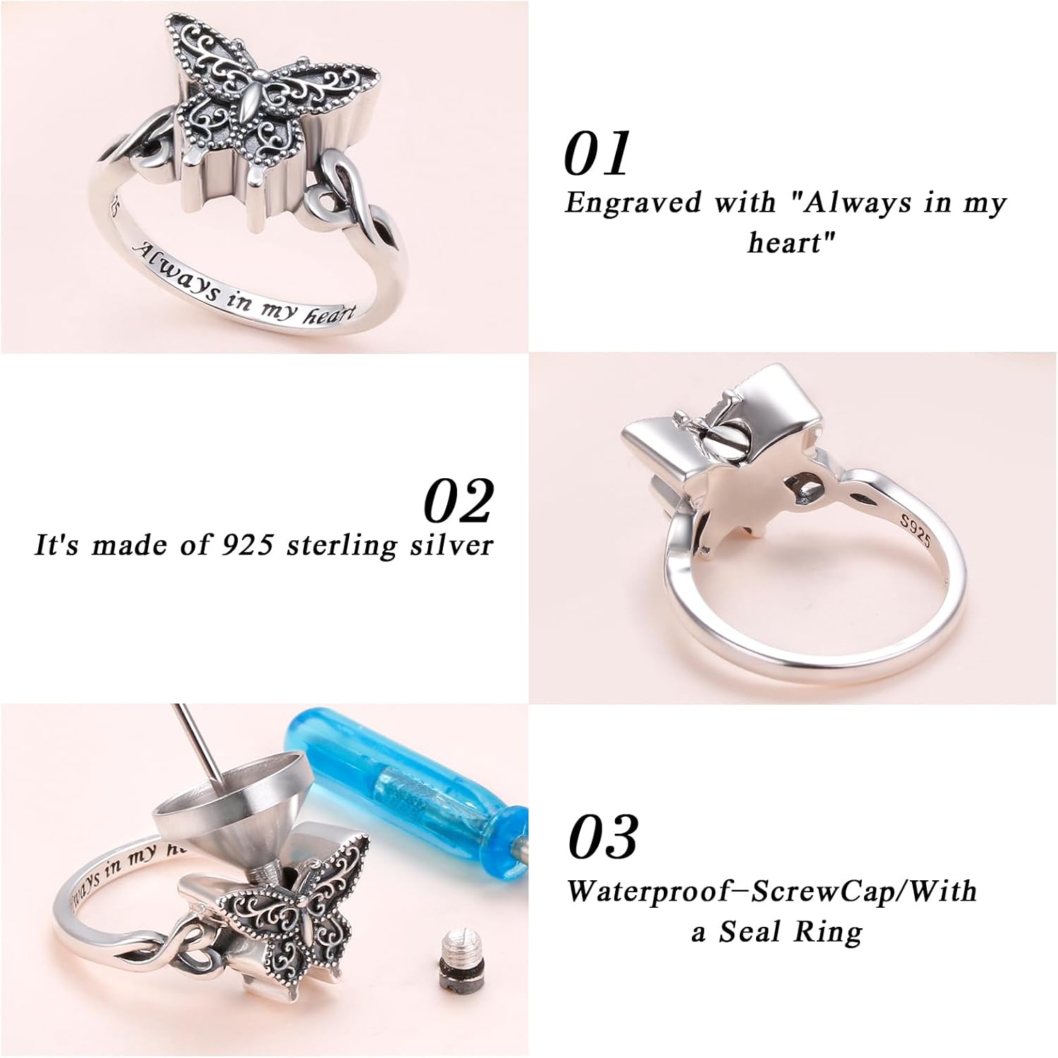925 Sterling Silver Butterfly Urn Rings for Ashes Memorial Jewelry Ashes Ring for Human Pet Cremation Jewelry for Ashes for Women Keepsake Ring for Ashes of Loved Ones - Image 4