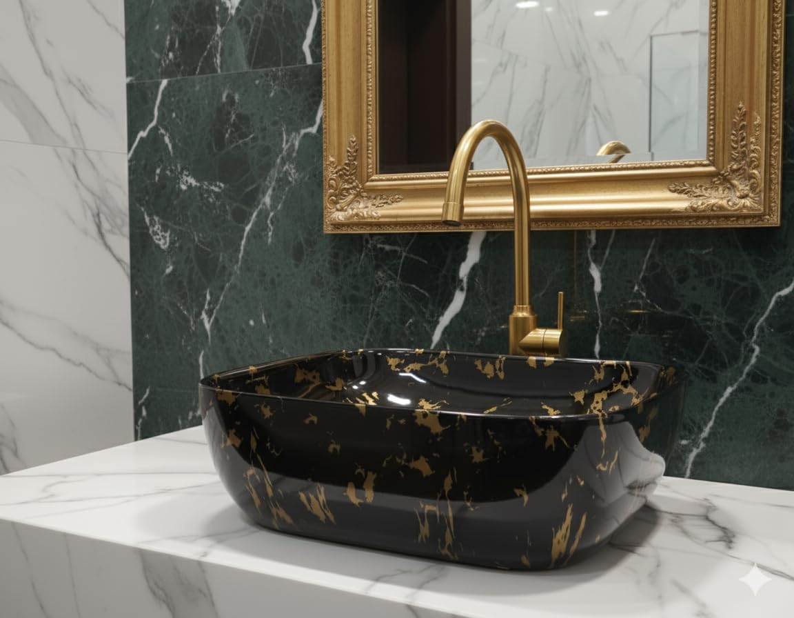 HISRE Table Top Wash Basin For Bathroom | Over Counter Top Wash Basin For Living Room | Washbasin Countertop | Tabletop Ceramic Bathroom Kitchen Sink (45 x 33 x 13 CM) (Black- SKTPR1024)