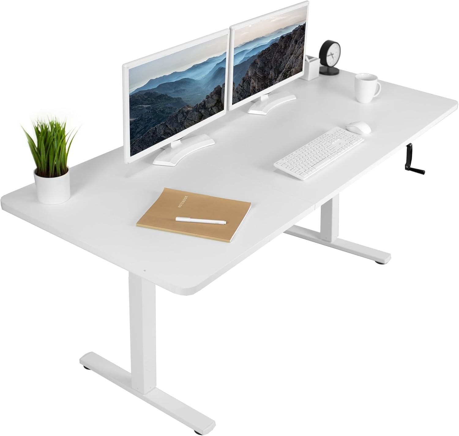 VIVO Manual Height Adjustable 71 x 30 inch Stand Up Desk, White Table Top, White Frame, Standing Workstation with Foldable Handle, DESK-KIT-MW7W