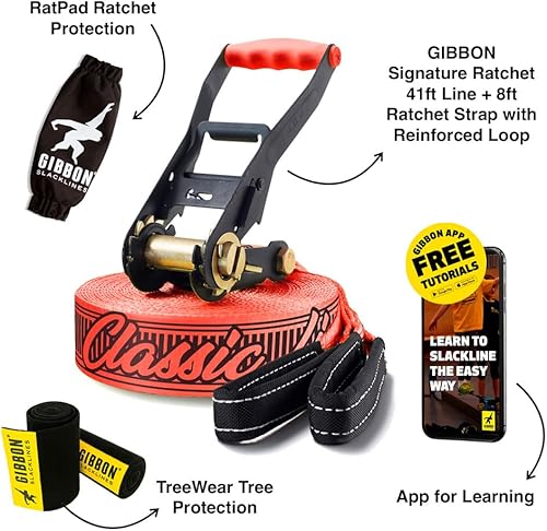 Miniatura 3 de Gibbon Slacklines Classic Line mit Treewear, Gelb, 49.2 ft (41.0 ft de banda + 8.2 ft de banda de ratschenband), inklusive Ratschenschutz,