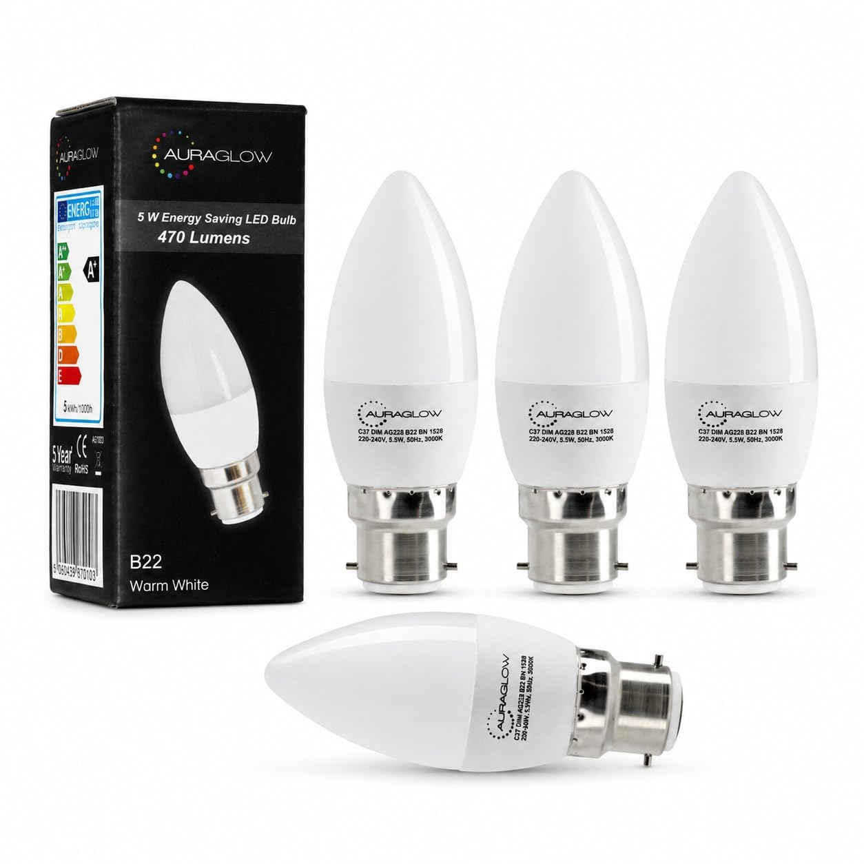 Auraglow 5W B22 LED Candle Bulbs, 3000K Warm White, 4 Pack