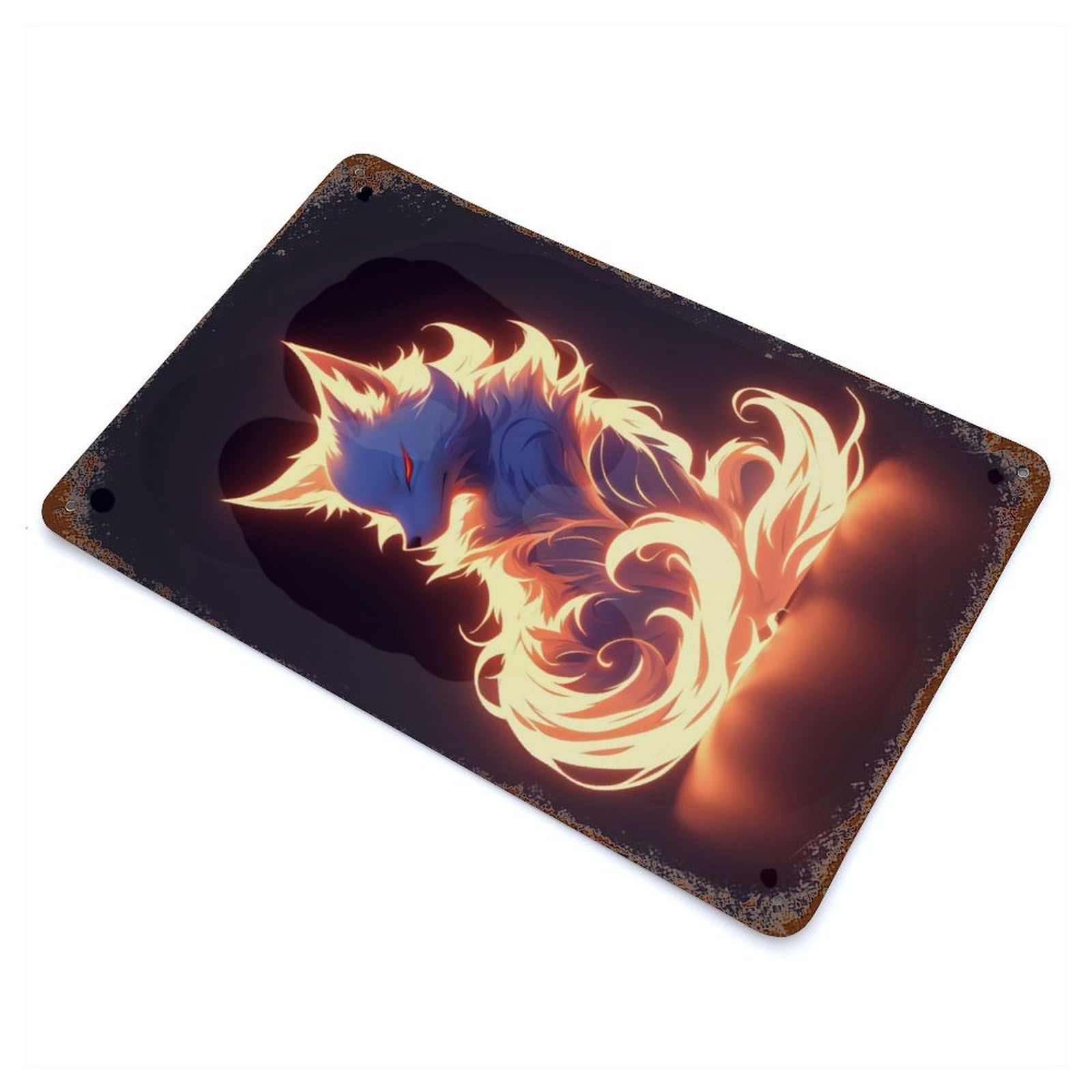 Neon Fire Kitsune Fox Aged Metal Wall Plaque 11.8"x7.9", for Living Room, Hallway And Home Decor, Shabby Chic Decor