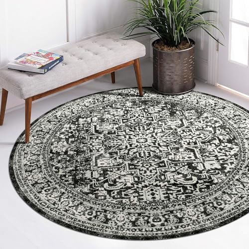 vivorug Round Rug 4ft Vintage-Inspired Round Area Rug Non-Slip Indoor Carpet for Living Room Bedroom Entryway, Stain Resistant Home Decor Circle Rug, Black and White