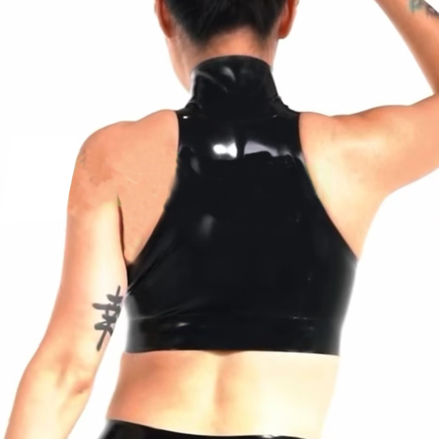 Moda Negro Chaleco Cuello Alto Látex Hecho con Cremallera Frontal,Látex Camisola Mujer,Adecuado Disfraces Cosplay