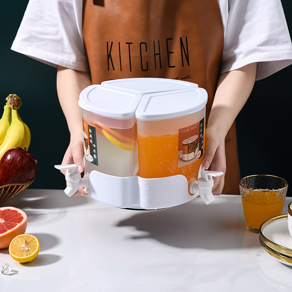 MUMOO BEAR Rotating Cold Kettle Three Grids Iced Beverage Dispenser Large Capacity Cold Water Pitcher with Faucet for Iced Drink Juices and Fruit Teas in Refrigerator (White)