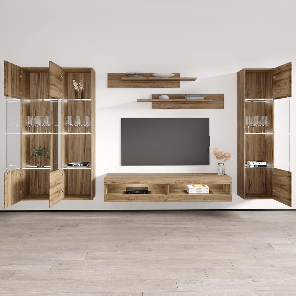 Meble Furniture Fly CD2 34TV Stand Wall-Mounted Entertainment Center — Floating Design with LED Lighting and Storage Shelves, 59.1 x 15.7 x 15.7 in — Oak