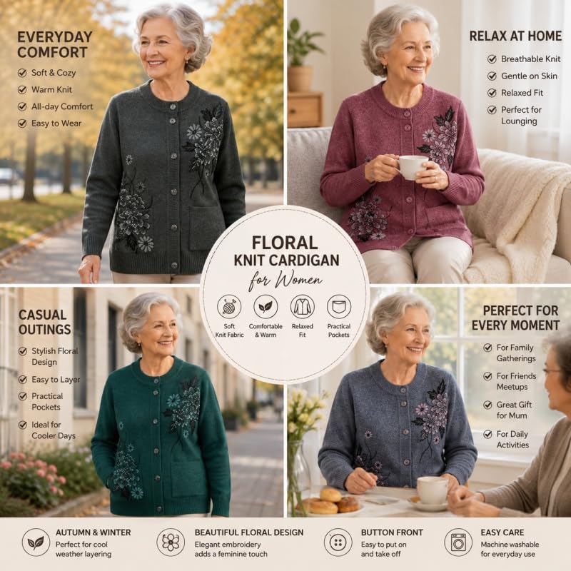 Générique Gilet Cardigan Fleuri pour Femme avec Poches Coupe Ample Fermeture Boutonnée Col Rond Manches Longues Doux et Chaud Idéal pour L'Automne et Le Bureau Au Quotidien.
