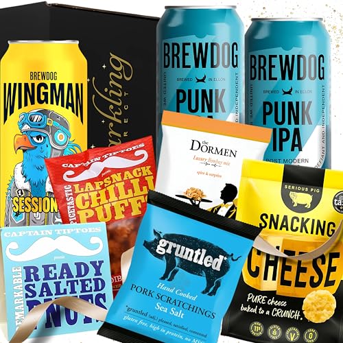 Beer Snacks Gift Set for Men 3 BrewDog Cans with Pork Scratchings Cheese Nuts Chilli Puffs & Pub Mix Ultimate Beer Hamper Pub Snacks Box Gift Idea for Birthdays Thank You or Fathers Day