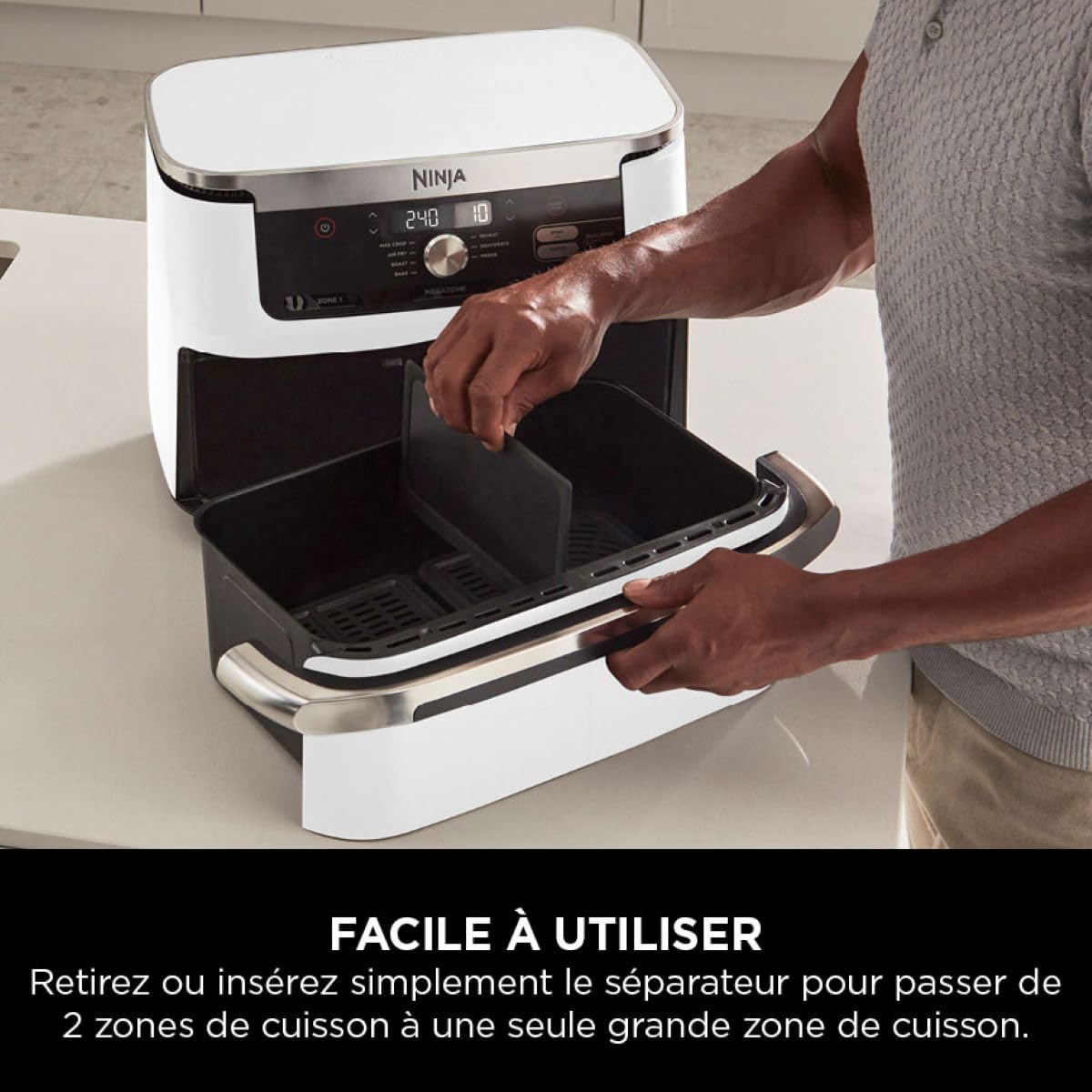 Ninja Foodi FlexDrawer Air Fryer, Dual Zone Avec Séparateur Amovible, Grand Tiroir de 10.4 L, 7-en-1, Double Zone, Sans Huile, Pièces Antiadhésives Compatibles Au Lave-Vaisselle, Blanc AF500EUWH
