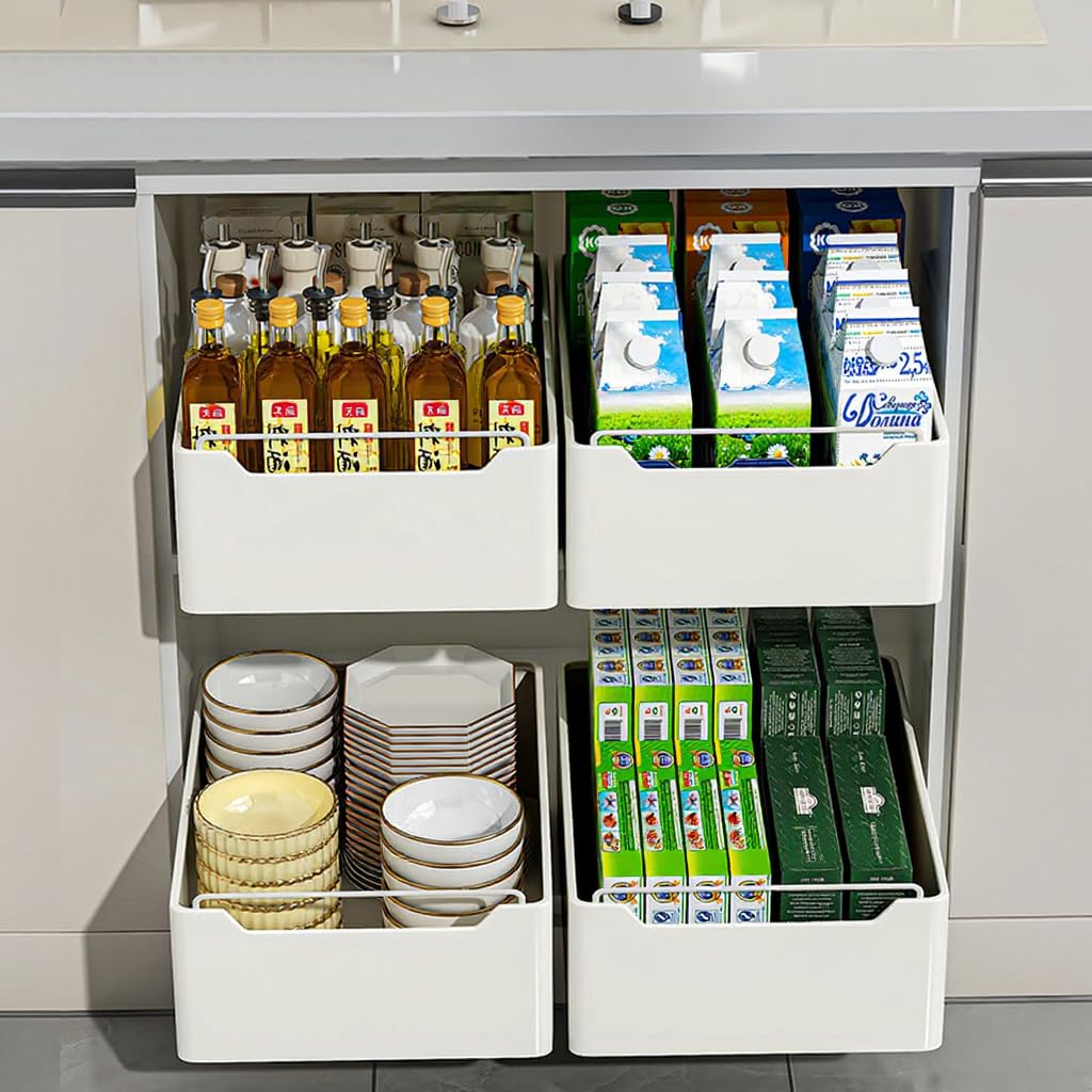 Cajón Extraíble para Cocina, Organizadores de Cocina Extensibles, Sin agujeros, Metal Armario de Cocina, Organizador de Cajones Interiores, Extensible, Blanco, 30 cm An x 43 cm Pr x 14cm Al