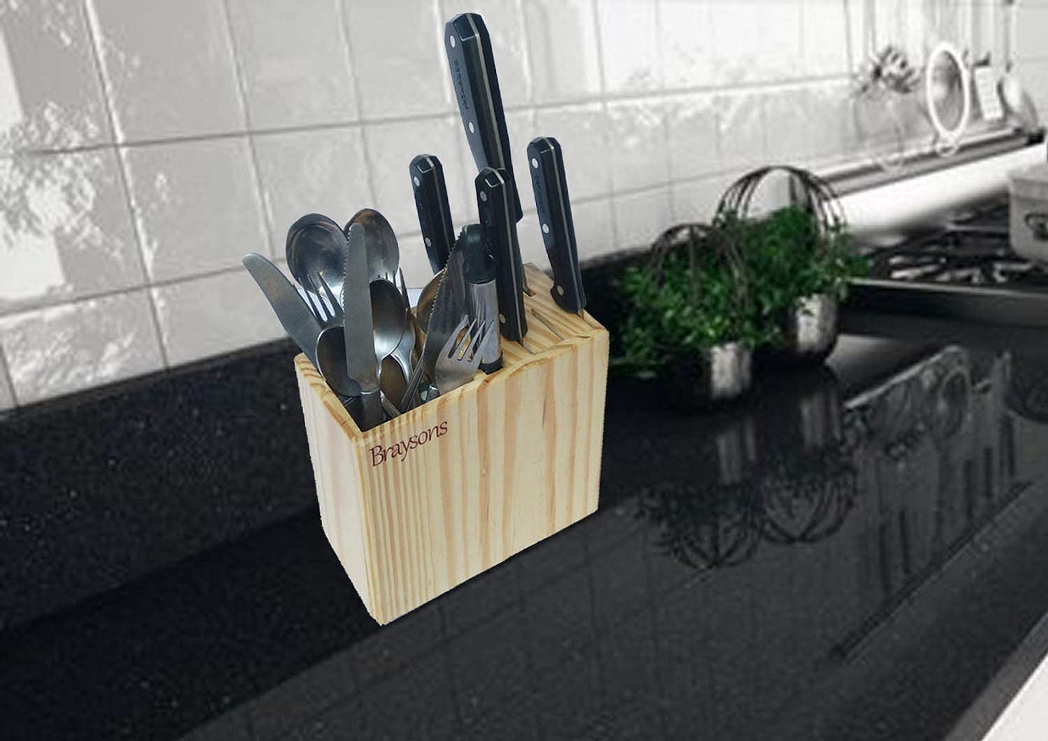 Braysons Wooden Spoon Stand, Kitchen Cutlery Holder with 4 Slots Knife Stand for Dinning Table