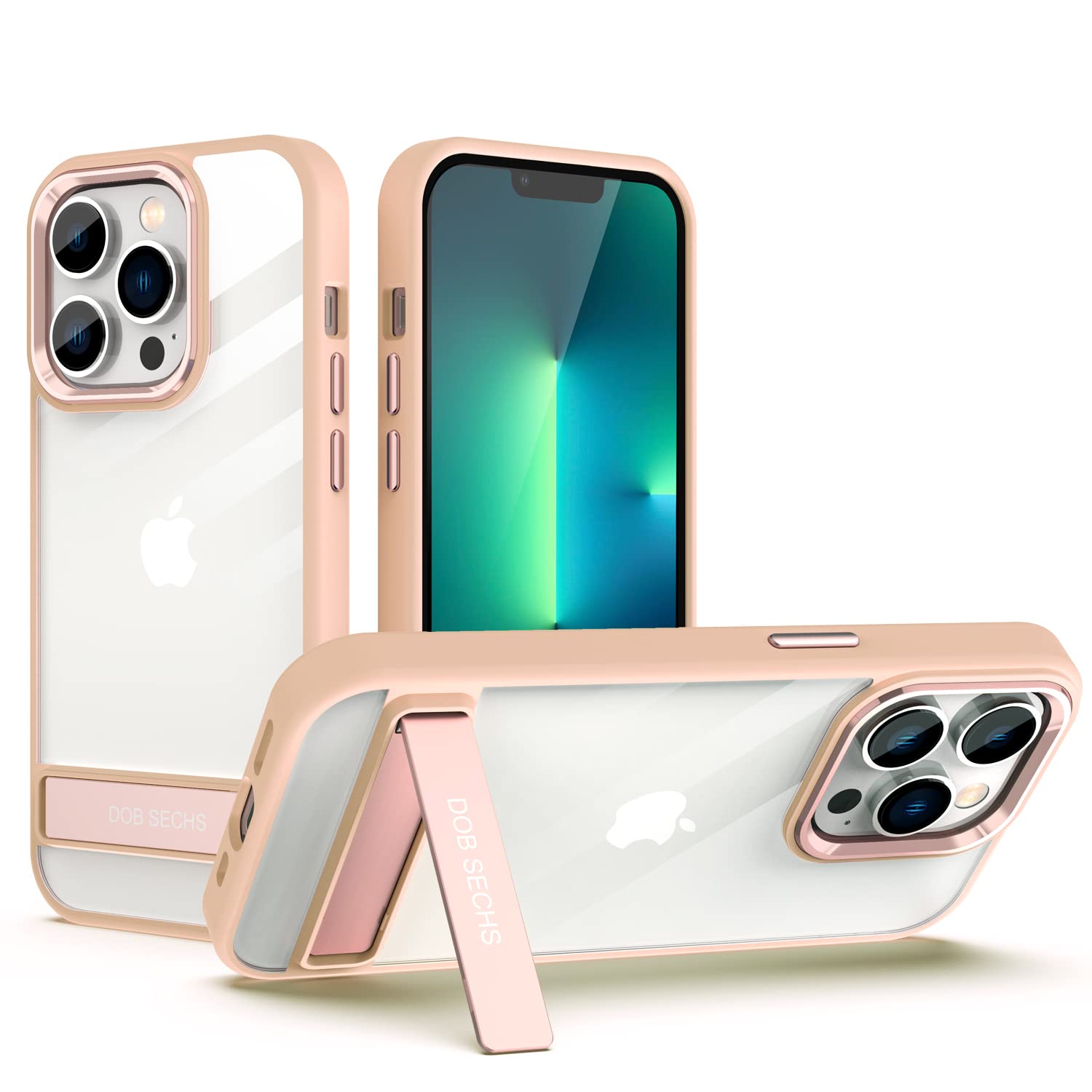 DOB SECHS Metal Kickstand Clear Case Designed for iPhone 13 Pro Case, with Aluminum Alloy Button, 3 Ways Stand, Anti-Yellowing, for iPhone 13 Pro 6.1