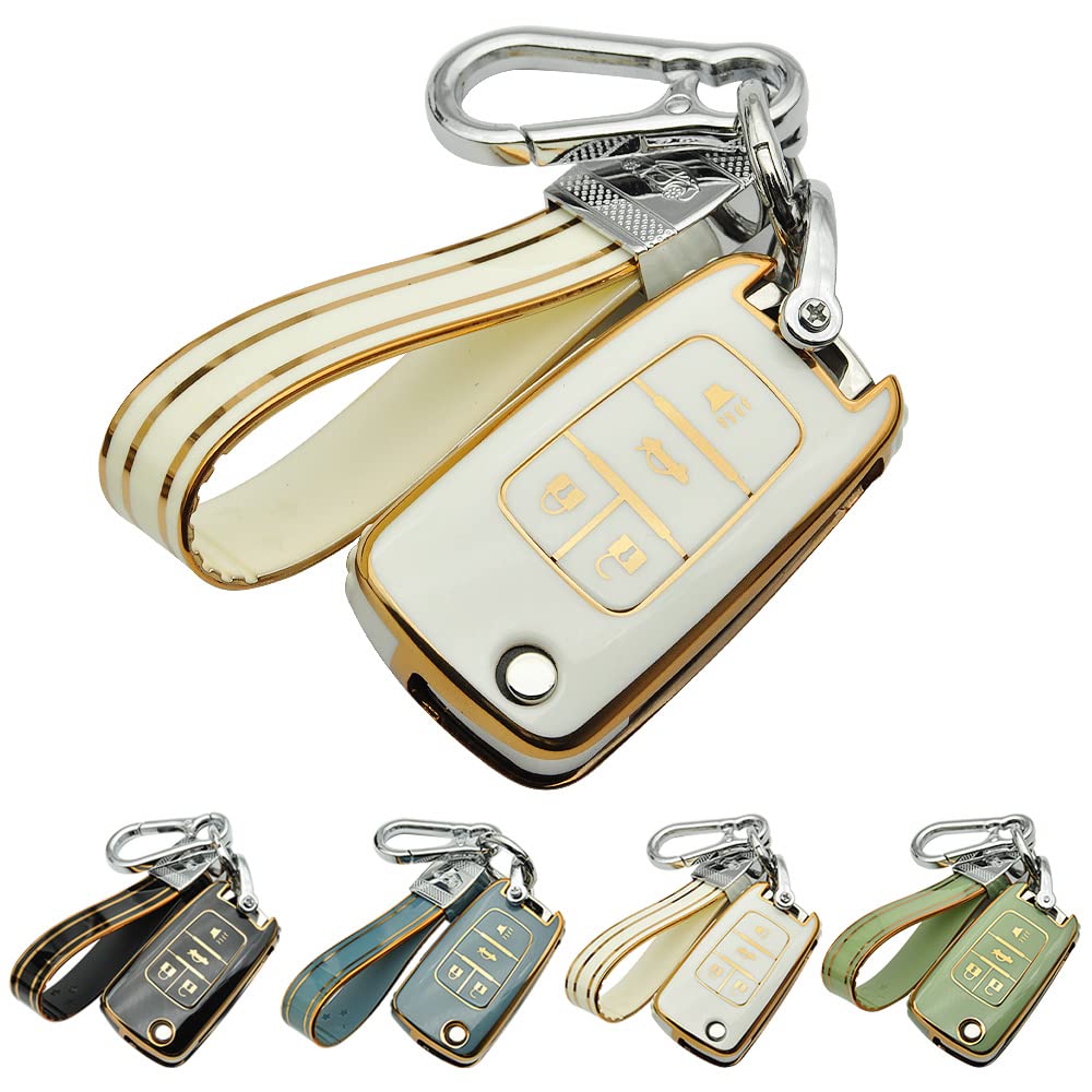 Photo 1 of For Chevy Key Fob Cover, Key Fob Case 360 Degree Protection Fit for Chevrolet Equinox Camaro Cruze Malibu Sonic Buick Terrain(4 buttons Ivory with Keychain) (4 Buttons Ivory With Keychain) For Chevy 4 buttons with Keychain
