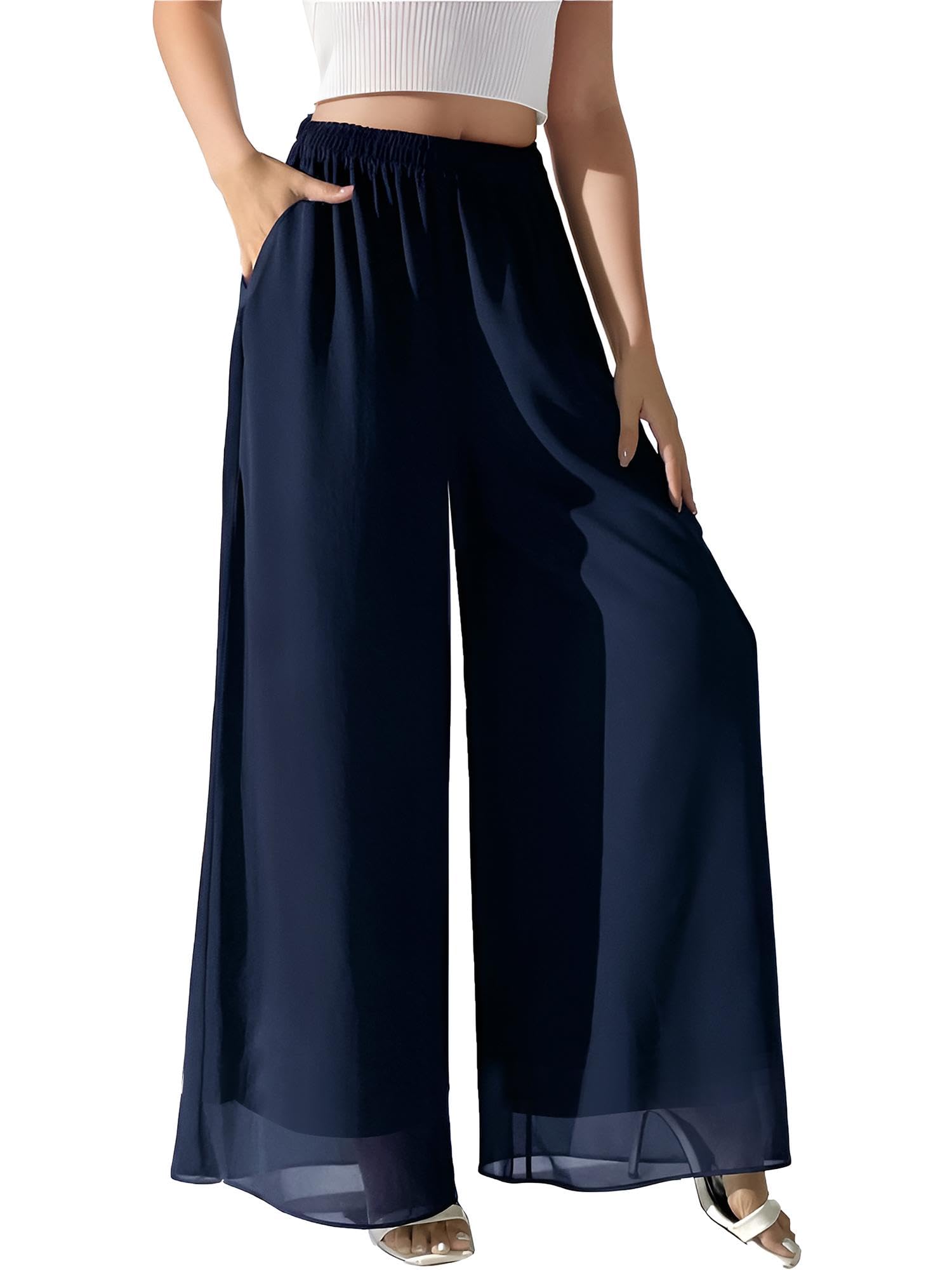Womens Chiffon Wide Leg Pants with Pockets High Waisted Elastic Waist Flowy Palazzo Pants