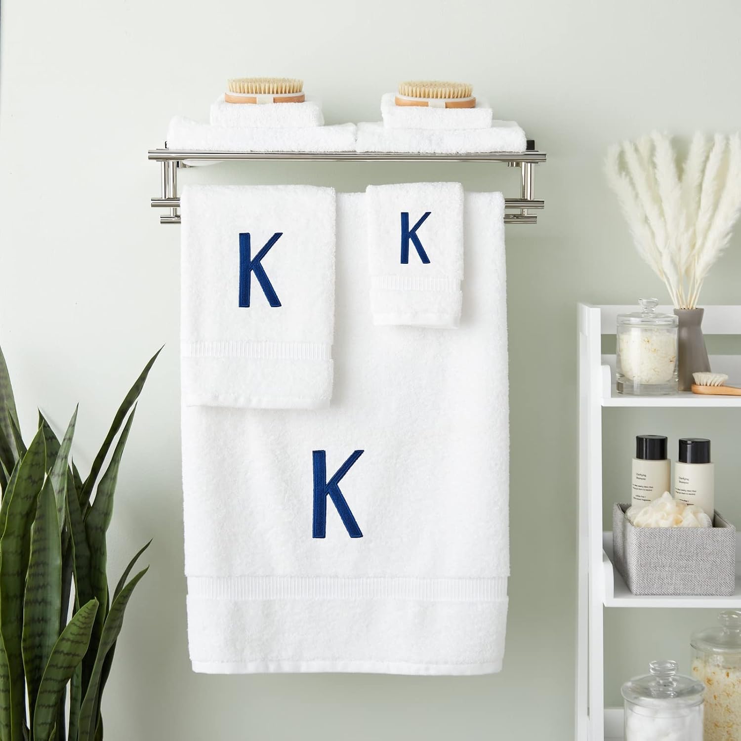 Juvale 3 Piece Letter K Monogrammed Bath Towels Set, White Cotton Bath Towel, Hand Towel, and Washcloth with Blue Embroidered Initial K for Wedding Gift, Bridal Shower