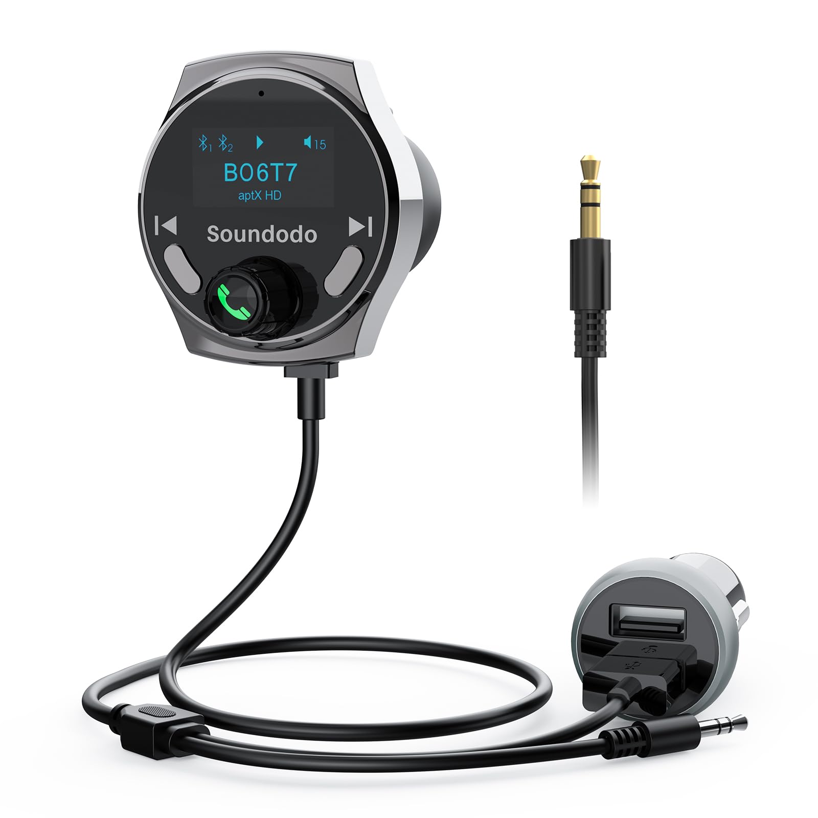 Soundodo Bluetooth Car Adapter, Bluetooth Transmitter Car with USB Car Charger, Bluetooth AUX Adapter for Car Music/Hands-Free Calling/Home Stereo, Car Bluetooth Adapter with Enhanced Mic/LED Display