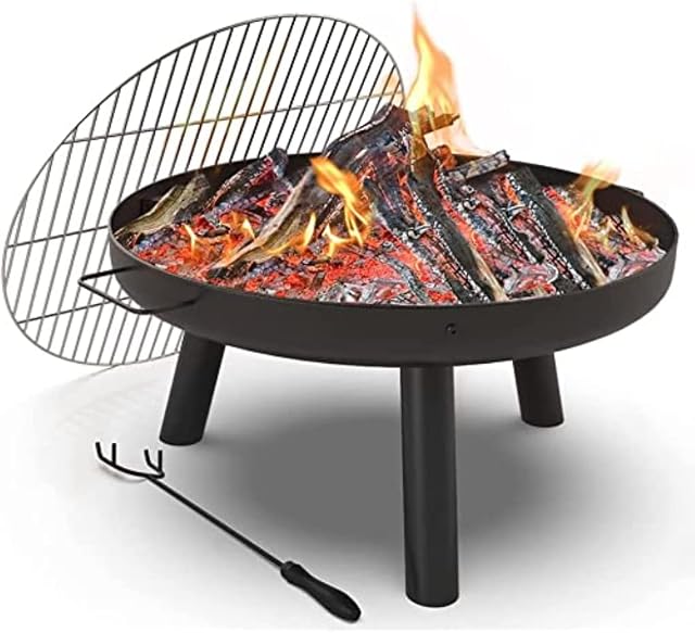 VOUNOT Fire Pit for Garden with Grate and Poker, Outdoor Patio Heater Charcoal Log Wood Burner, Fire Bowl for Bonfire, Camping, Diameter 60 cm
