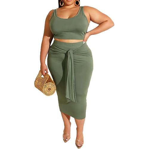 Plus Size Women 2 Piece Outfits Sets Sexy Tracksuit Midi Dress,Sleeveless Tank Top Bodycon Skirts Set Casual Summer