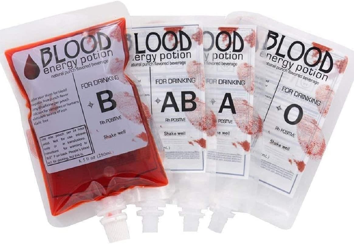 20 Pack Halloween Blood Bag Drink Container, 250ml Reusable A, B, AB, O Blood Type Blood Bag Party Cups for Zombie Party Halloween Props, Decoration(Blood Type Sent Random)