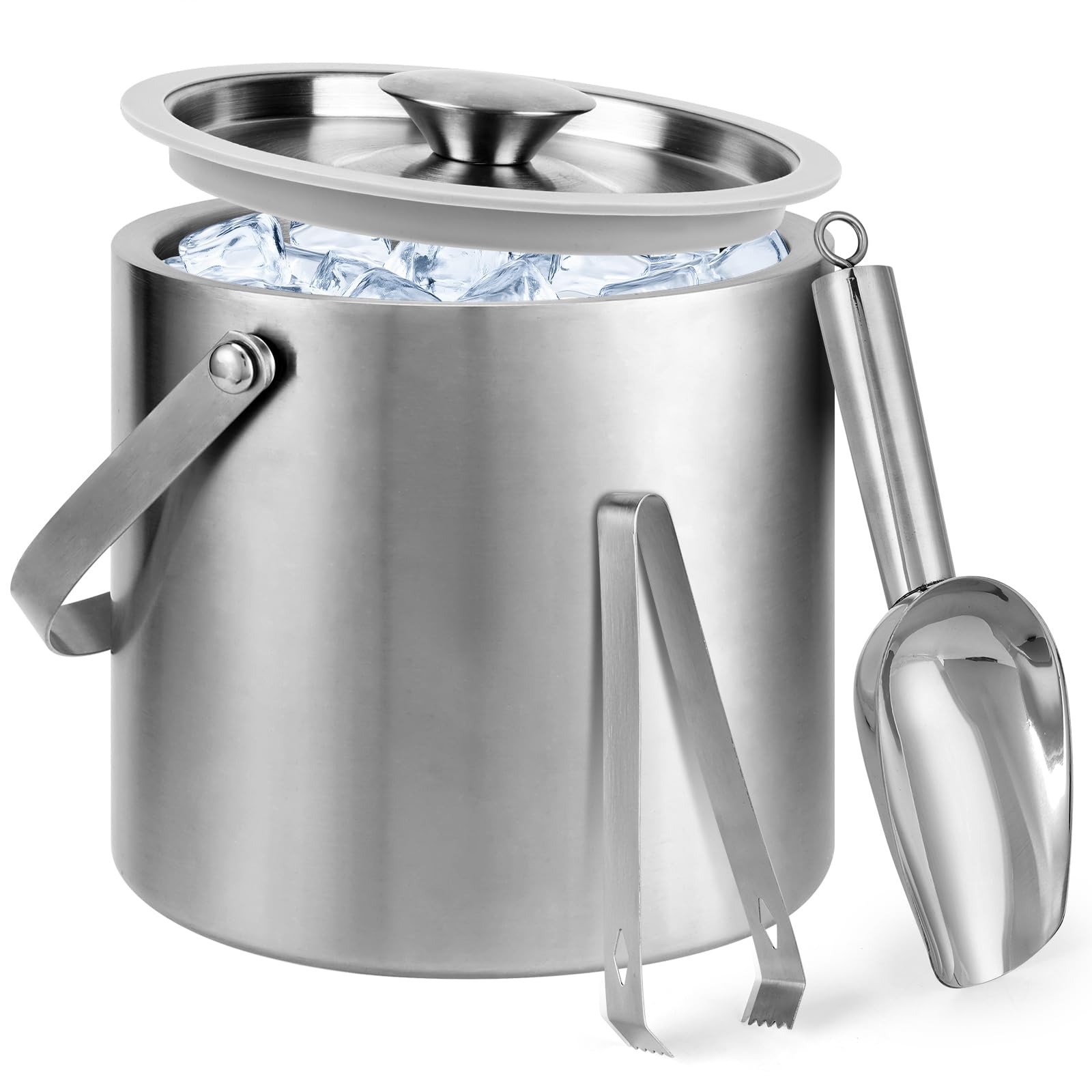 Savorella Ice Bucket, 3L Double Wall Insulated Ice Bucket with Lid,Scoop,Tongs- Inner Layer 304 Stainless Steel Ice Container Keep Ice Frozen Longer- Ideal for Cocktail Bar,Parties,Chilling Beer Win