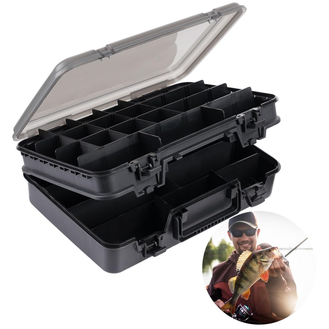 Doppellagige Tackle-Box, Angelbox mit zwei Ebenen und verstellbaren Trennwänden, große Aufbewahrungsbox für Angelzubehör für Outdoor-Einsätze, 14,2 x 9,8 x 4,7 Zoll