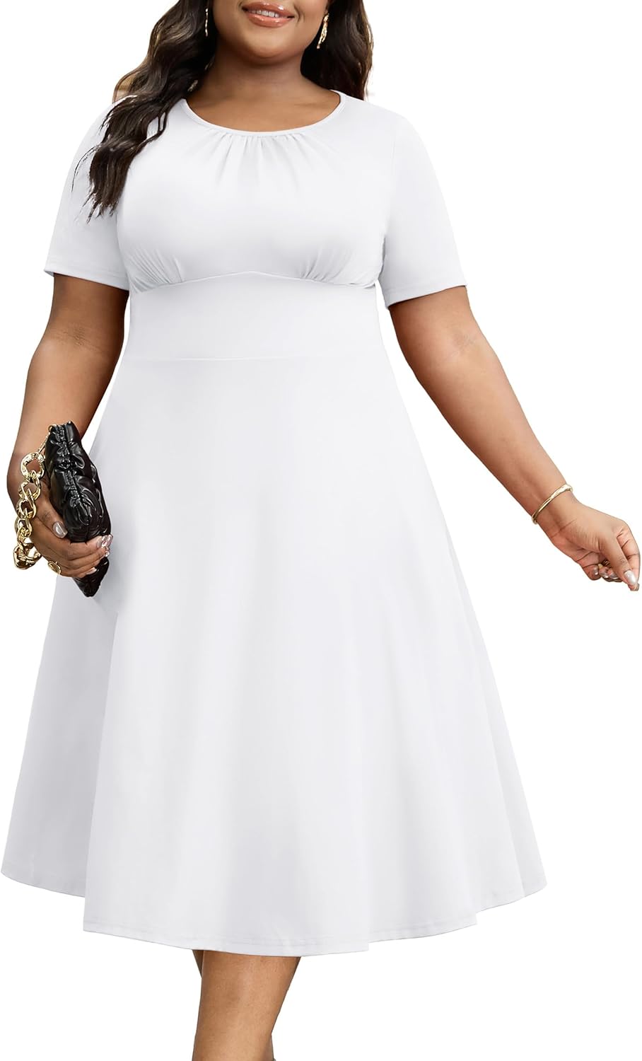 CLOCOR Plus Size Midi Dress for Women, Church Casual Cocktail Front Pleated Neck Short Sleeve A-Line Dresses with Pockets