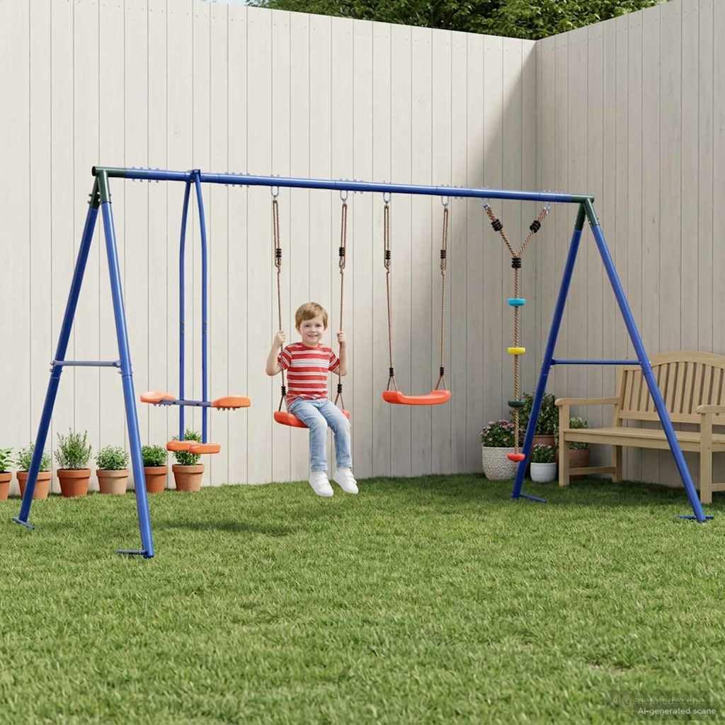 Wielokolorowy zestaw huśtawek outdoorowych ze stali i PE, 330 x 185 x 185 cm, fotel bujany z regulacją wysokości, do ogrodu, na podwórko, taras, plac zabaw, huśtawka, wspinaczka