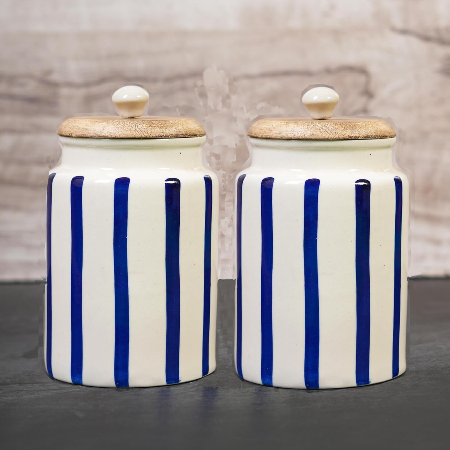 Earthystone Airtight Ceramic Jars Printed (Pack of 2) - 900ml Each - Wooden Lid - Kitchen Containers for Sugar, Tea, Salt, Pickles, Pulses & More (Multicolor - 1)