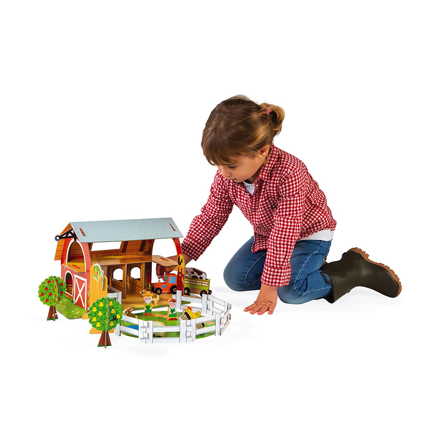 Janod - Granja de Animales Story - 10 Figuritas de Madera Animales, Personajes y Vehículos- Juguete de Imaginación - Compatible con Los Raíles Existentes En el Mercado - Desde 3 Años, J08577