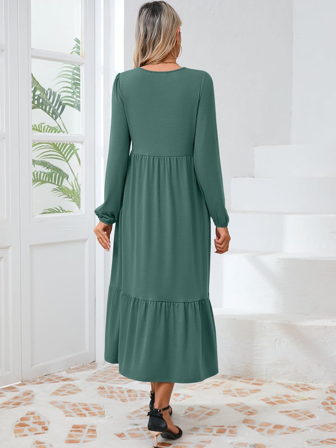 KLWCJFFF Women's Casual Long Sleeve Midi Dress 2024 Fall Crewneck A Line Tiered Flowy Loose Trendy Dresses with Pockets - Image 6