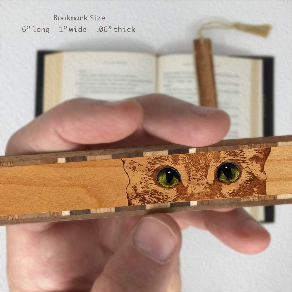Personalized Cat Eyes Engraved with Added Color Handmade Wooden Bookmark - Made in USA - Also Available Without Personalization