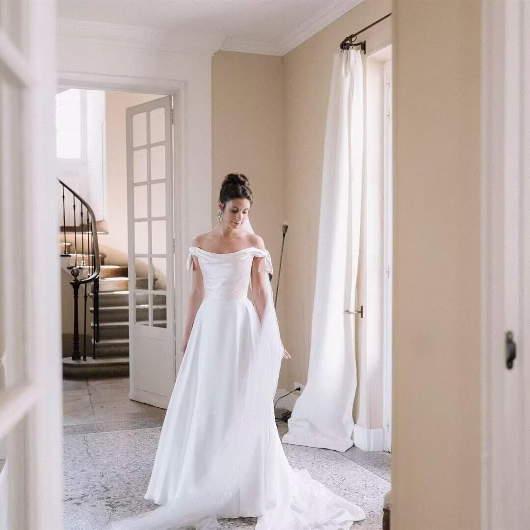 Beach Aline Wedding Dresses for Bride Vintage Long Ball Gown Off Shoulder Satin Bridal Dress with Train Formal Gown