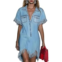 Women's Vintage Western Fringe Denim Dress Half Button Up Short Sleeve Casual Summer Short Jean Shirt Dress