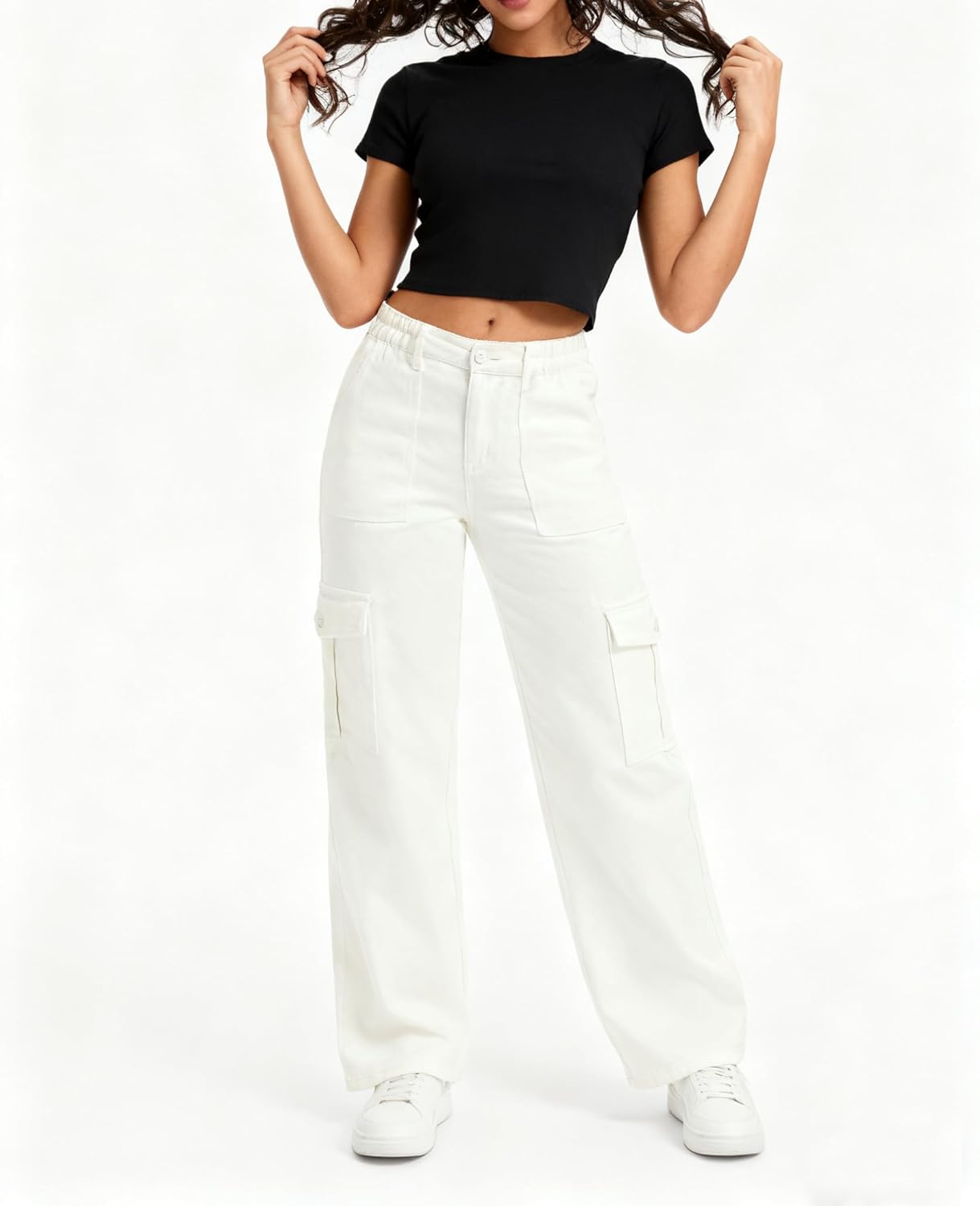 Women's Cargo Jeans Casual Baggy Cargo Jean Elastic High Waisted Stretch Wide Leg Denim Pants Streetwear