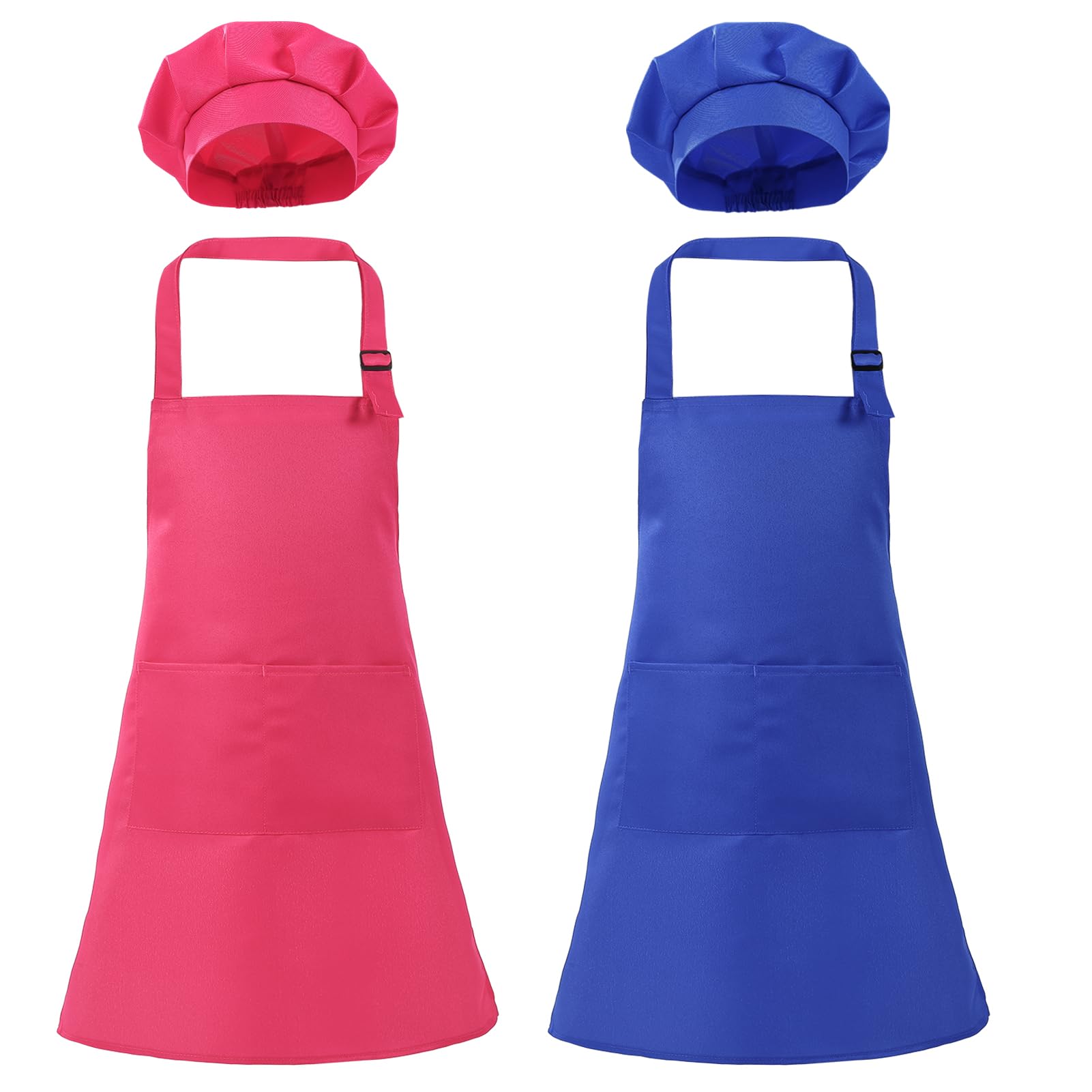 ViEinkaufen 2 Sets Kids Apron and Chef Hat Set, Adjustable Children Chef Artist Apron with Pockets for Cooking Baking Painting, Pink Blue