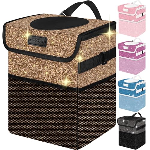 Image of Cute Mini Car Trash Bag with Lid, Glitter Garbage Can Bin Hanging for Back /Front Seat /Console, Waterproof, Leakproof, 2.5 Gallon, Brown Bling Sparkly