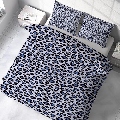 Parure de lit bleu léopard 220x240 avec housse de couette en microfibre et taies
