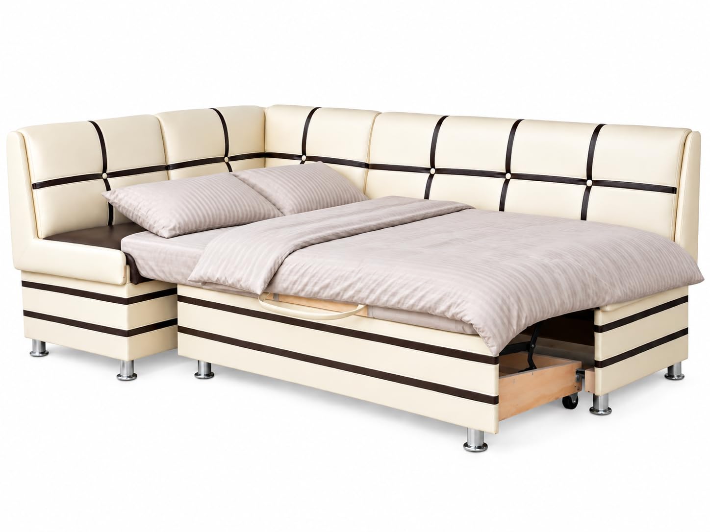 Rodnik Eckbank Korsika Maxi mit SCHLAFFUNKTION 213x142 cm, Polsterbank ausziehbar, Stauraum, Kunstleder Braun Beige, Küchenbank, Esszimmerbank